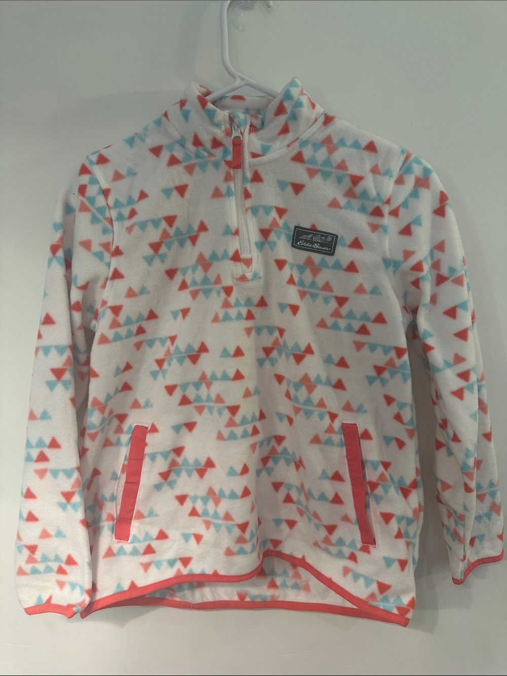 Eddie Bauer Girls White Fleece Pullover with Coral & Teal Triangle Motif